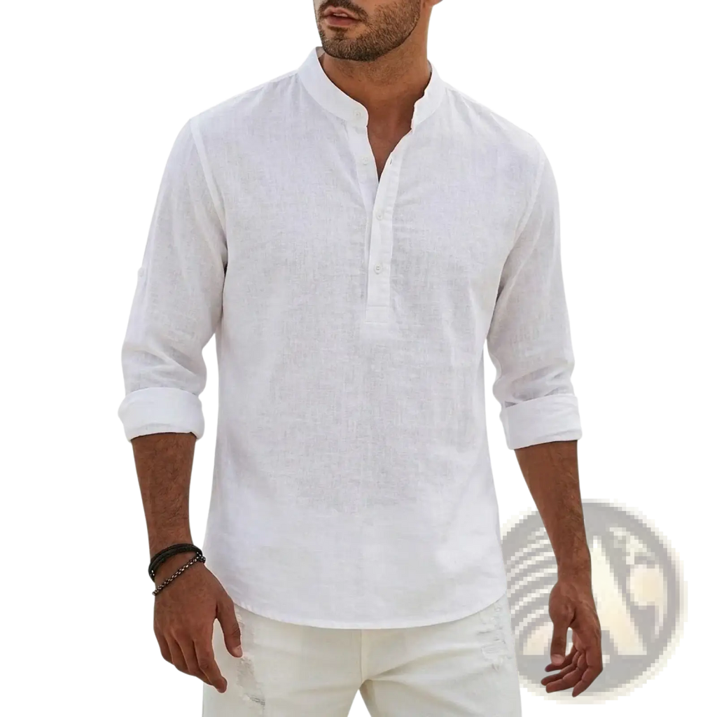 White linen henley shirt with mandarin collar and rolled-up sleeves casual long sleeve summer top for men