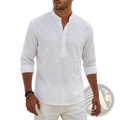 White linen henley shirt with mandarin collar and rolled-up sleeves casual long sleeve summer top for men