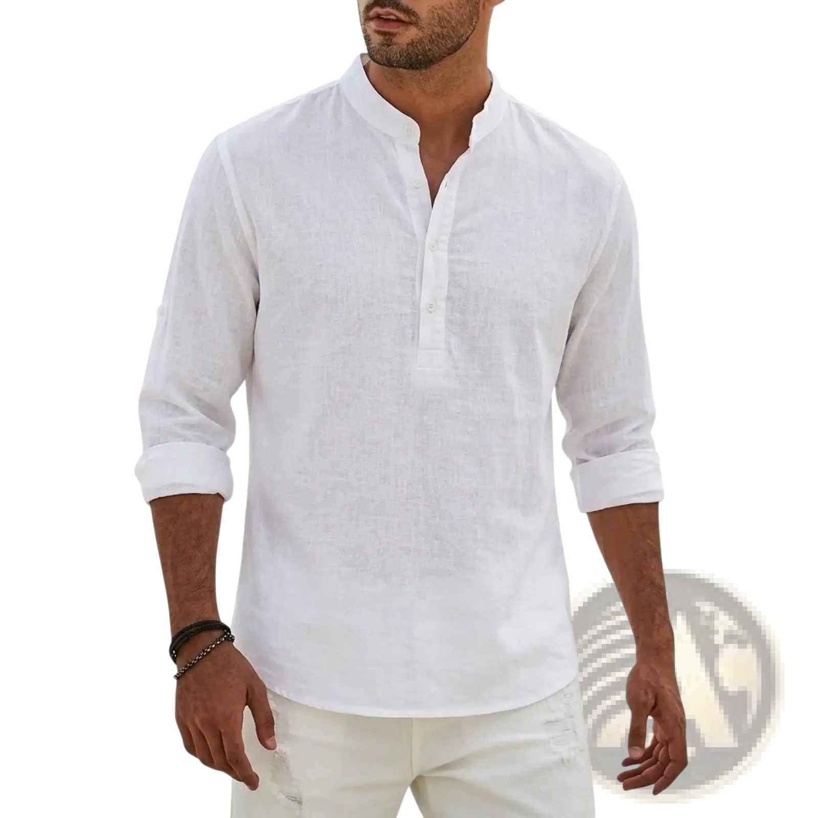 White linen henley shirt with mandarin collar and rolled-up sleeves casual long sleeve summer top for men