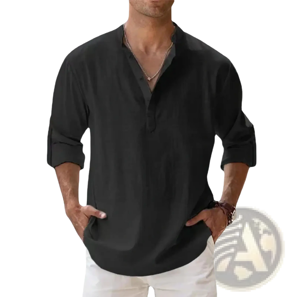 Men linen henley shirt long sleeve casual summer beach in black with v-neck and rolled-up cuffs made of linen