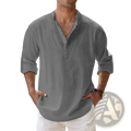 Gray linen long sleeve henley shirt with v-neck collar and rolled-up sleeves for casual summer beach wear