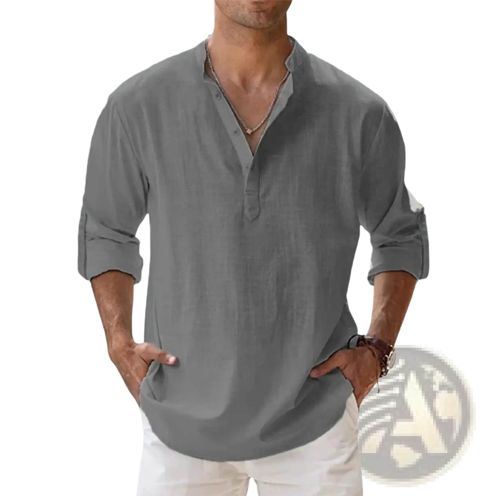 Gray linen long sleeve henley shirt with v-neck collar and rolled-up sleeves for casual summer beach wear