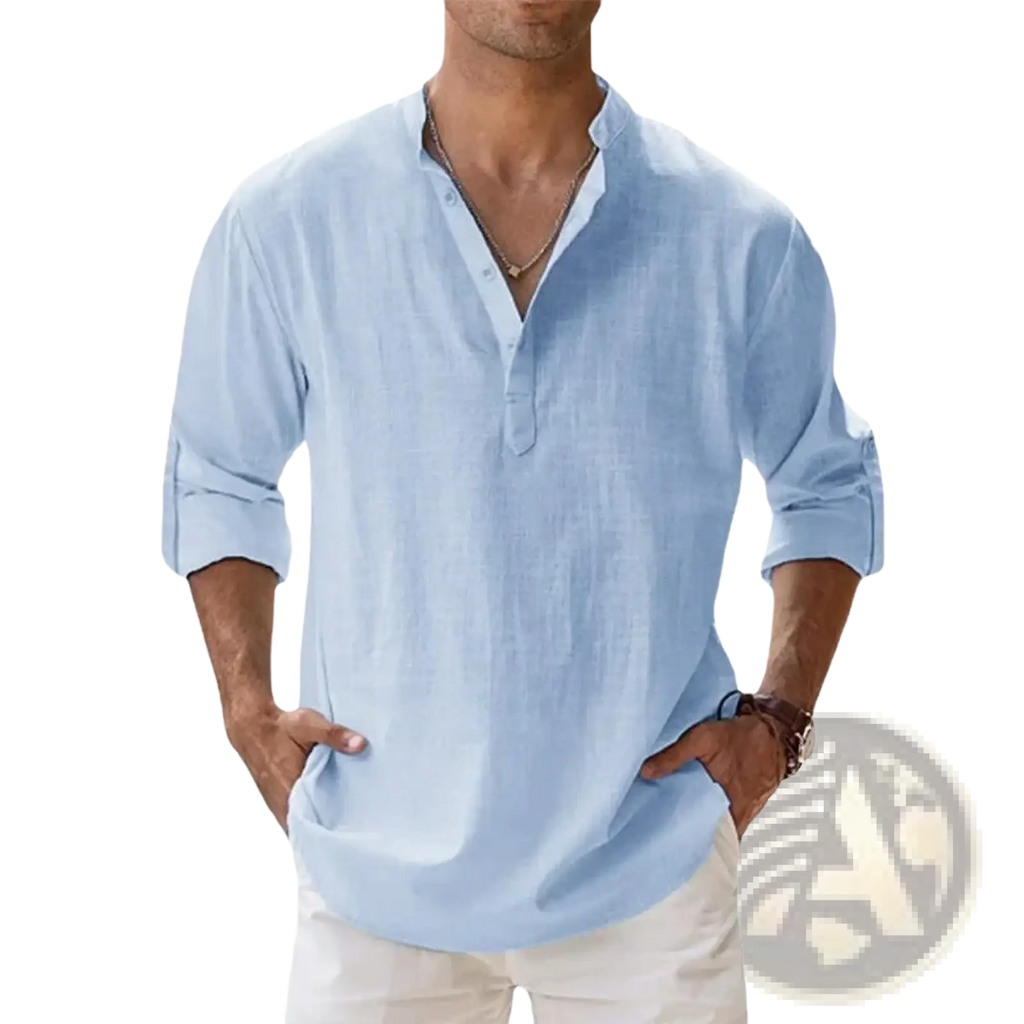 Light blue men linen henley shirt long sleeve with buttoned placket and rolled cuffs for casual summer beachwear