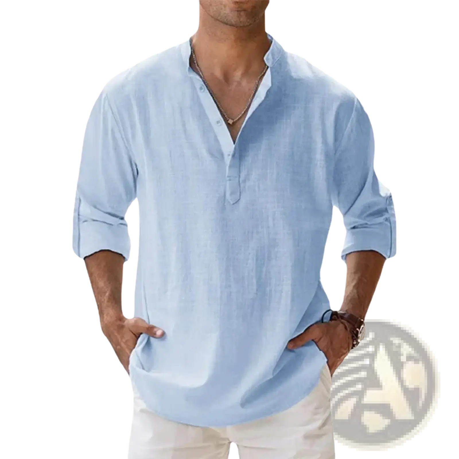 Light blue men linen henley shirt long sleeve with buttoned placket and rolled cuffs for casual summer beachwear