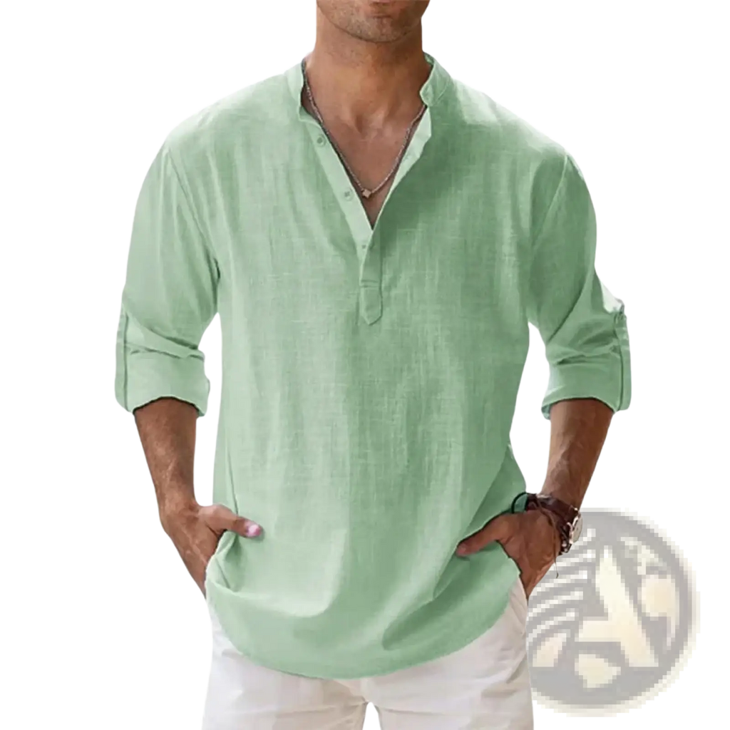 Light green men linen henley shirt with long sleeves buttoned placket and rolled cuffs for casual summer beach wear