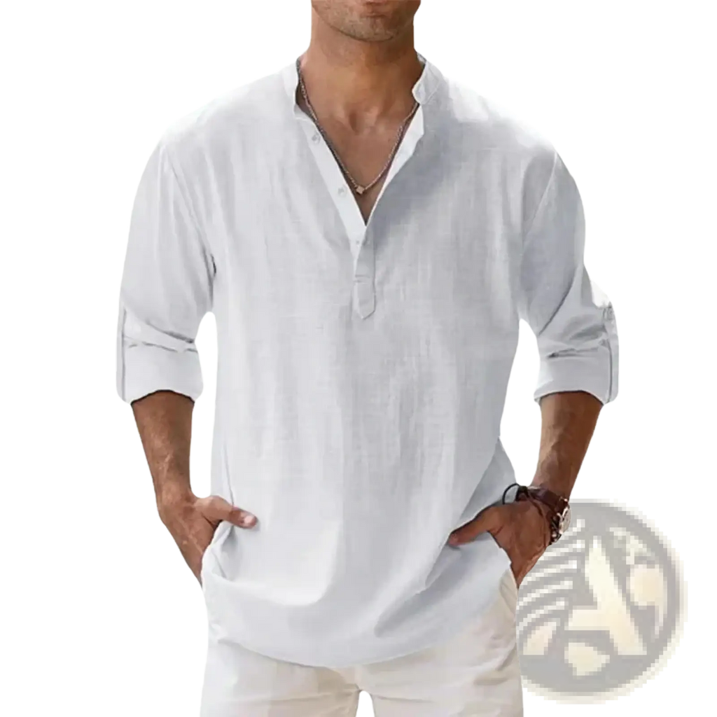 White linen henley shirt with long sleeves rolled up featuring a v-neck collar for casual summer beach wear