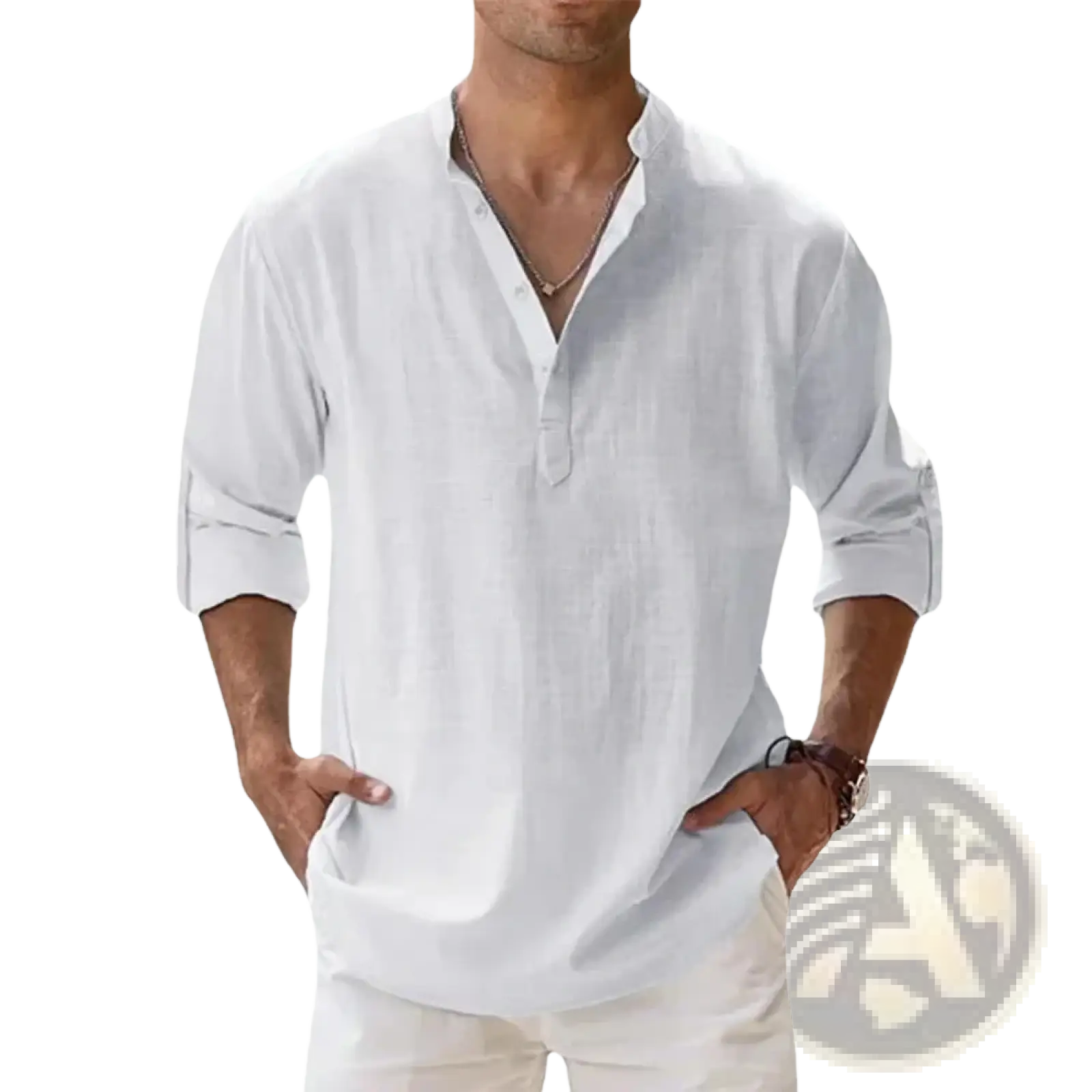 White linen henley shirt with long sleeves rolled up featuring a v-neck collar for casual summer beach wear