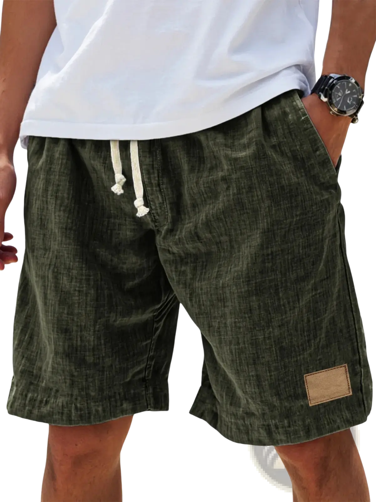 Men linen holiday shorts in olive green corduroy with white drawstrings and a tan leather patch on the side seam