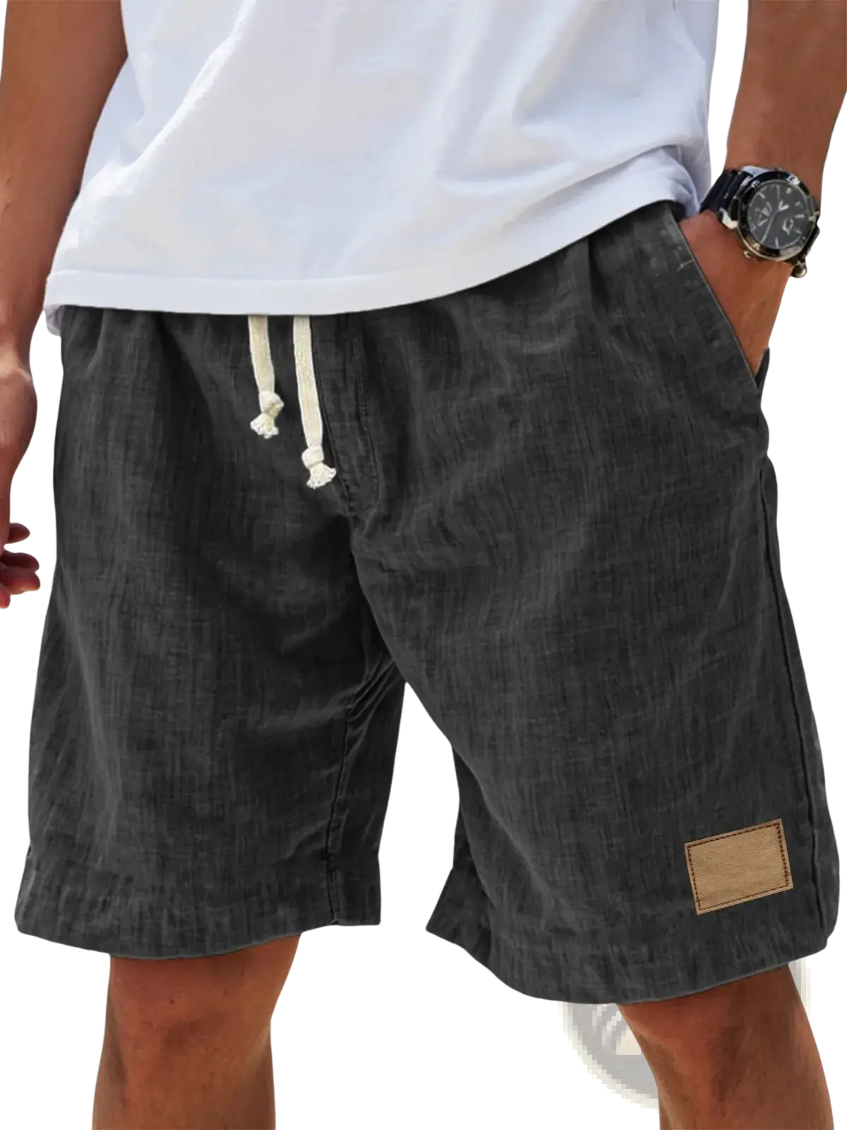 Men linen holiday shorts in dark gray with textured fabric cream drawstrings tan leather patch breathable loose fit