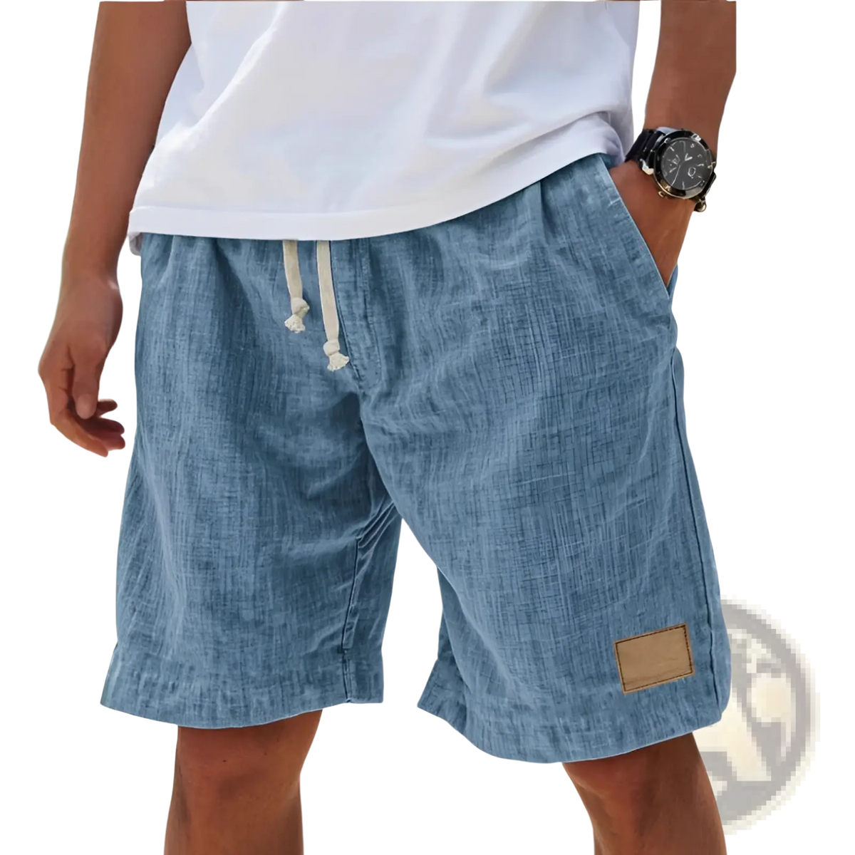 Light blue men linen holiday shorts with drawstring waist and brown leather patch breathable loose fit