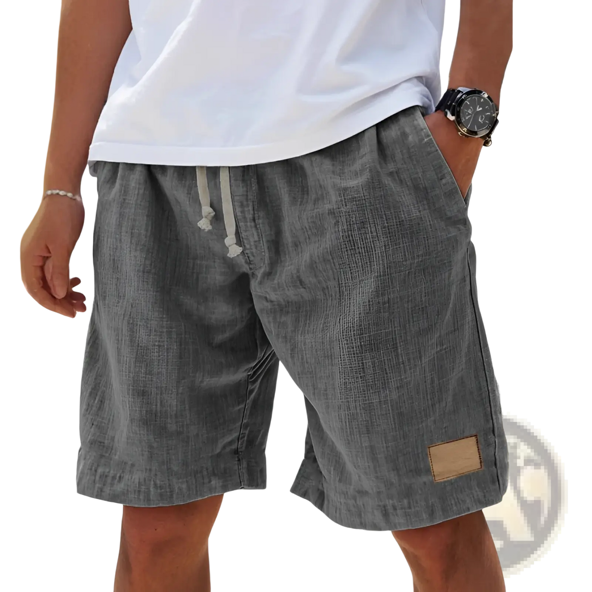 Gray linen men’s holiday shorts with drawstring waist and tan patch breathable loose fit retro style