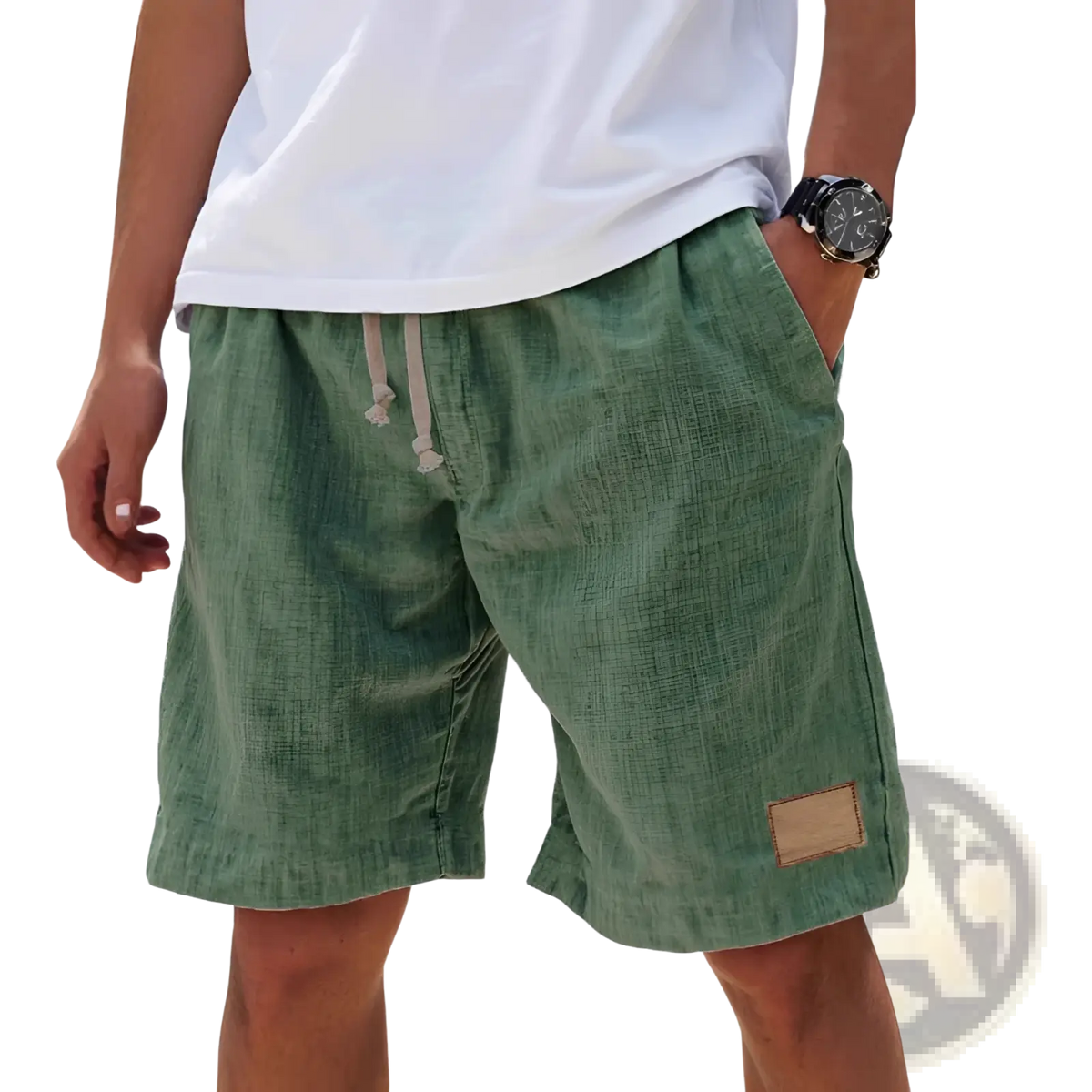 Olive green linen holiday shorts for men with drawstring waist and tan patch breathable loose fit retro style