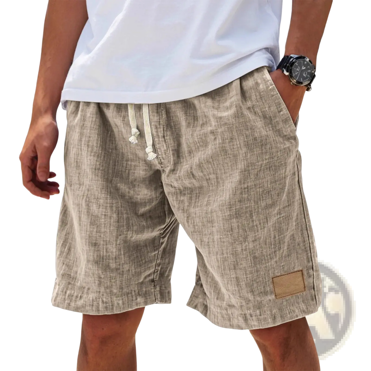 Beige men linen holiday shorts with textured weave, white drawstring waistband, and tan patch on lower right leg