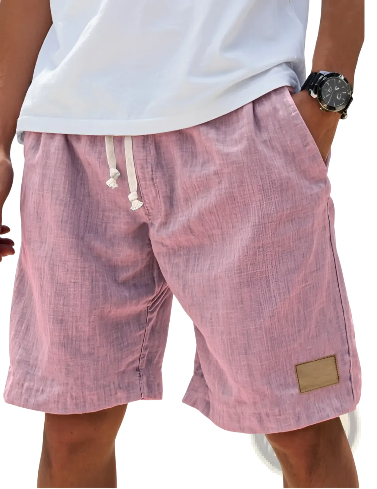 Men linen holiday shorts in pink textured fabric with white drawstrings and a tan side patch for a breathable loose fit