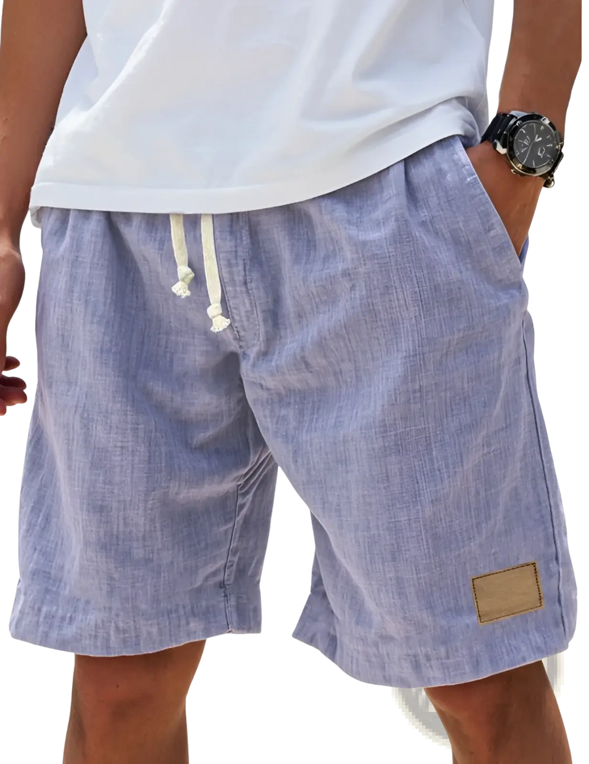 Men linen holiday shorts in light blue textured linen with white drawstrings and tan patch for breathable loose fit