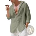 Men olive green linen hooded cardigan shirt with button-front and drawstring hood in lightweight linen fabric