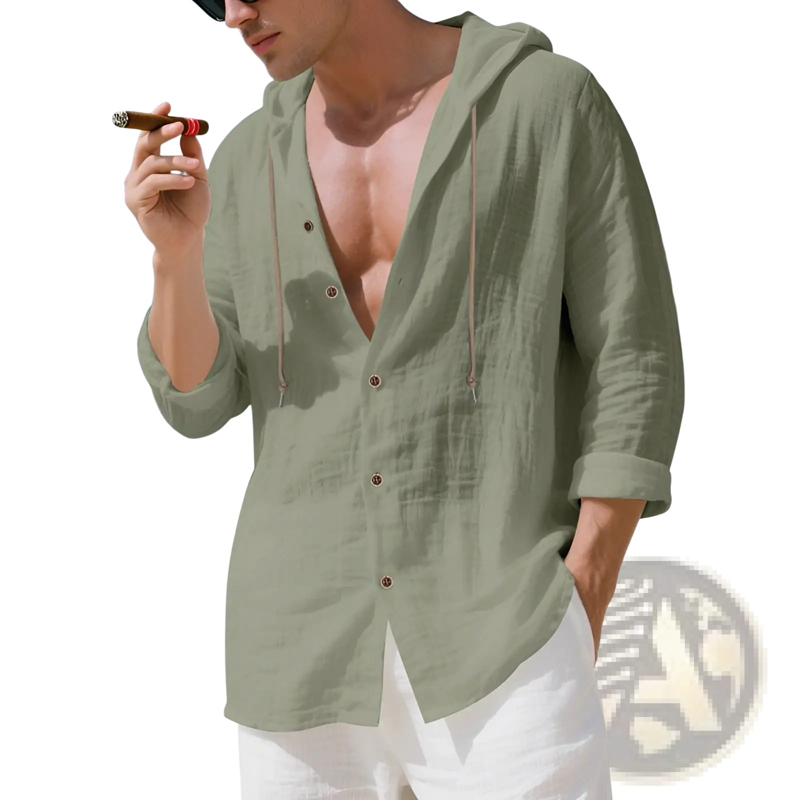 Men olive green linen hooded cardigan shirt with button-front and drawstring hood in lightweight linen fabric