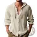 Men linen hooded cardigan shirt in beige with button-front closure and drawstring hood made of linen fabric