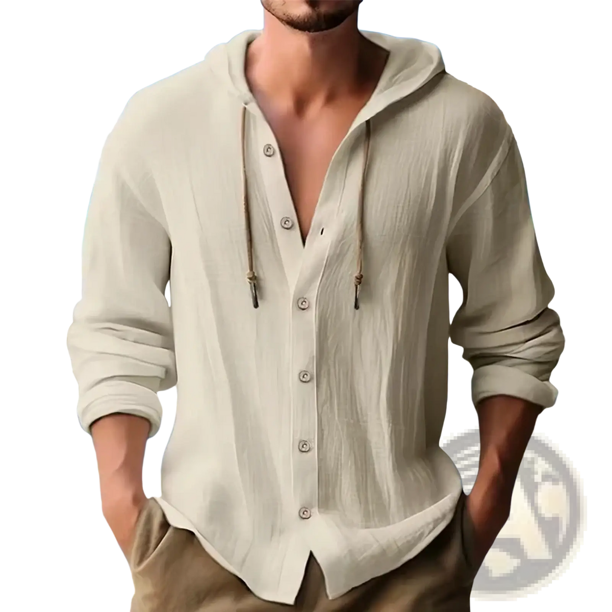 Men linen hooded cardigan shirt in beige with button-front closure and drawstring hood made of linen fabric