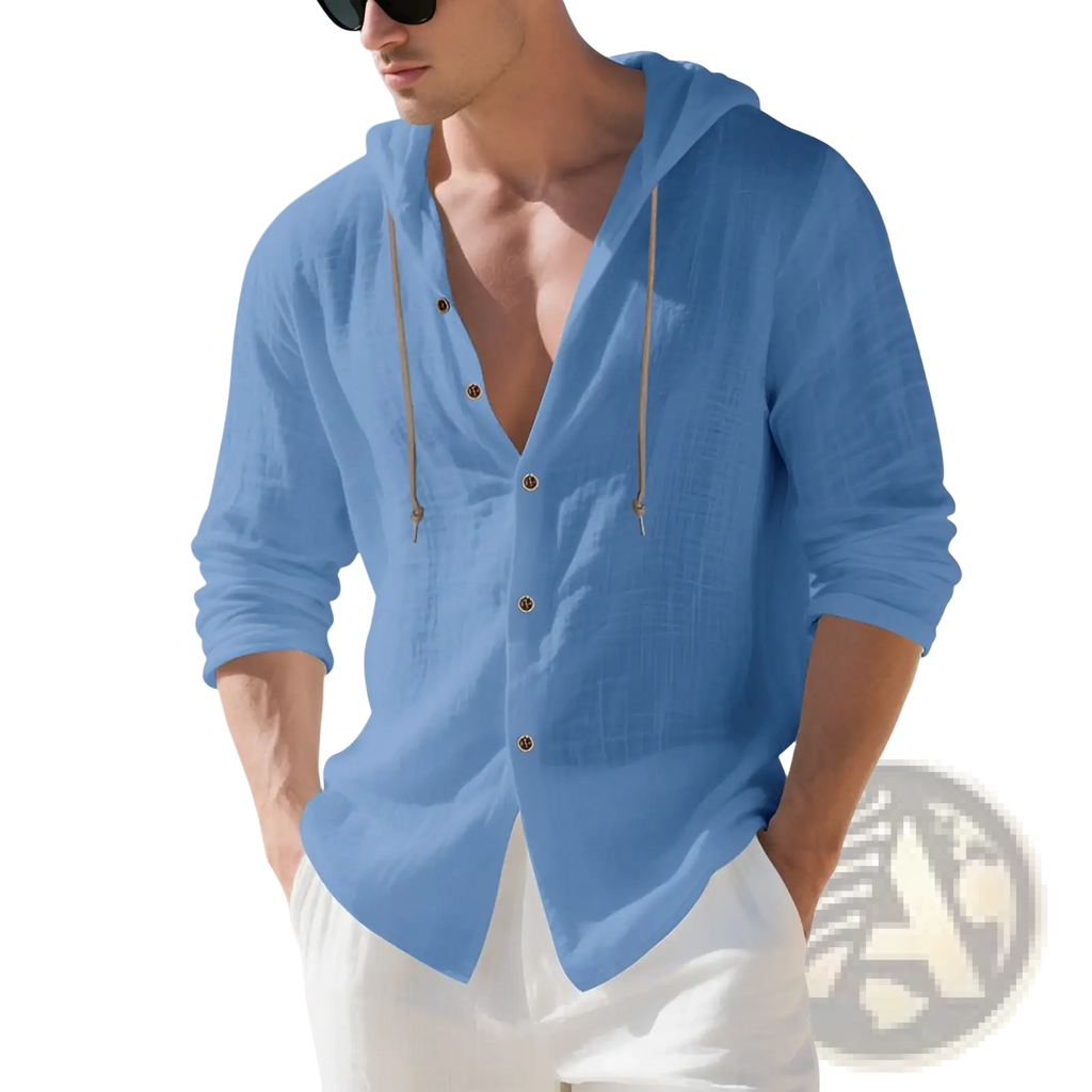 Men linen hooded cardigan shirt in light blue with beige drawstrings featuring button-up front design