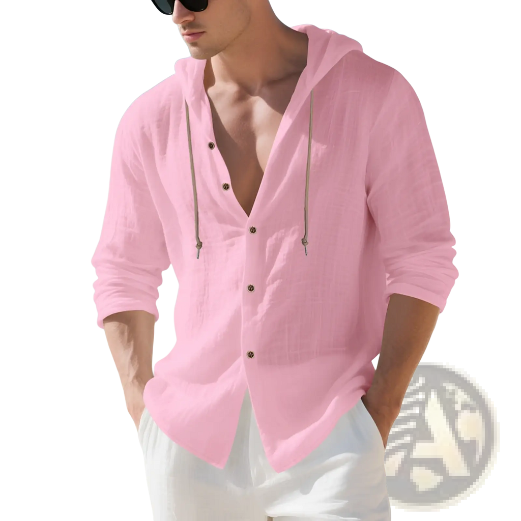 Men linen hooded cardigan shirt in light pink with long sleeves button-up design and subtle textured lightweight fabric