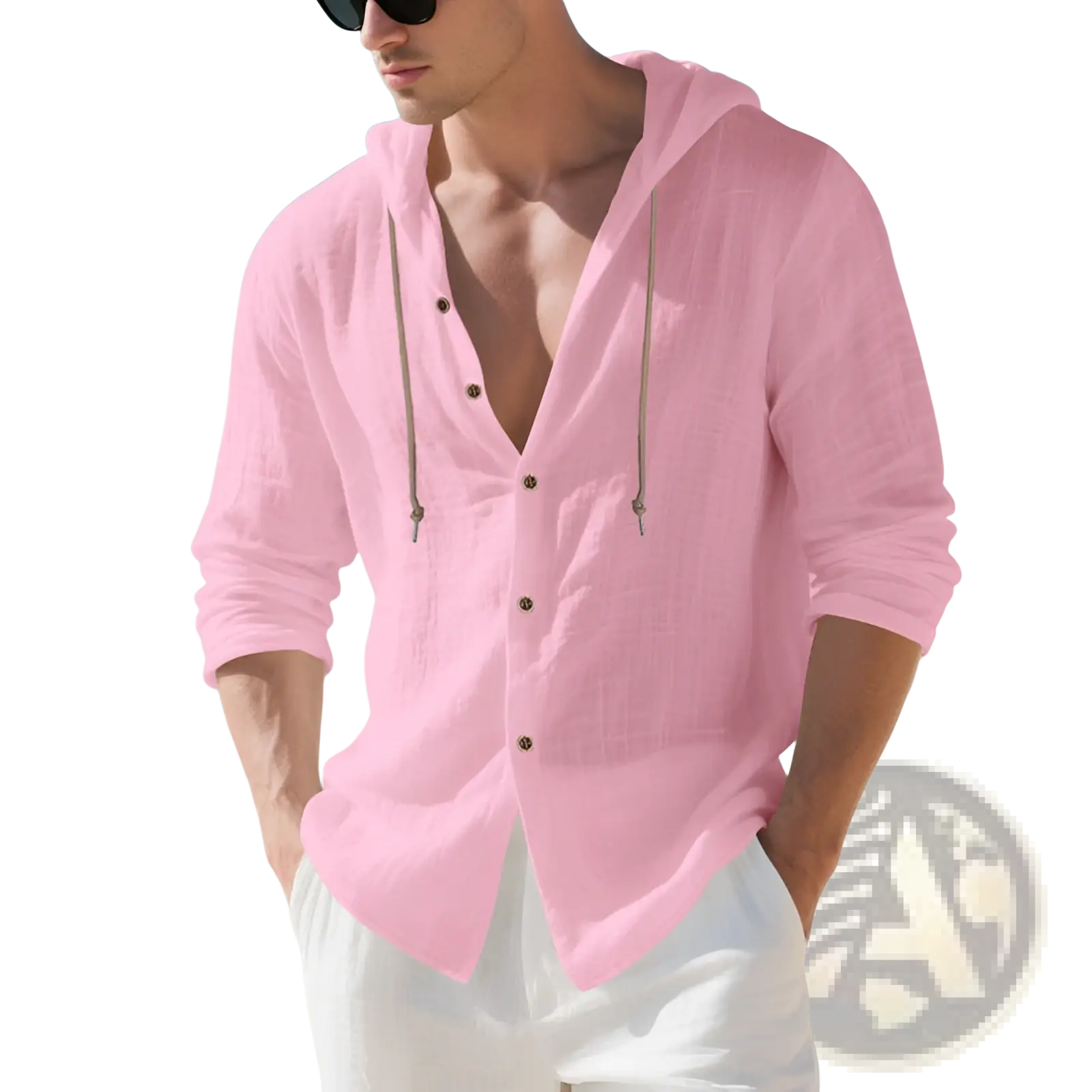 Men linen hooded cardigan shirt in light pink with long sleeves button-up design and subtle textured lightweight fabric