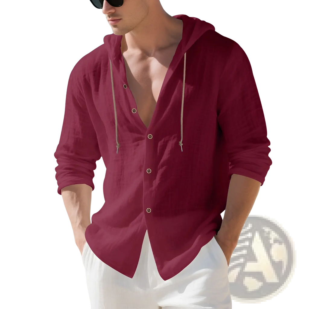 Men linen hooded cardigan shirt in maroon with button-up front, light drawstrings, and rolled sleeves