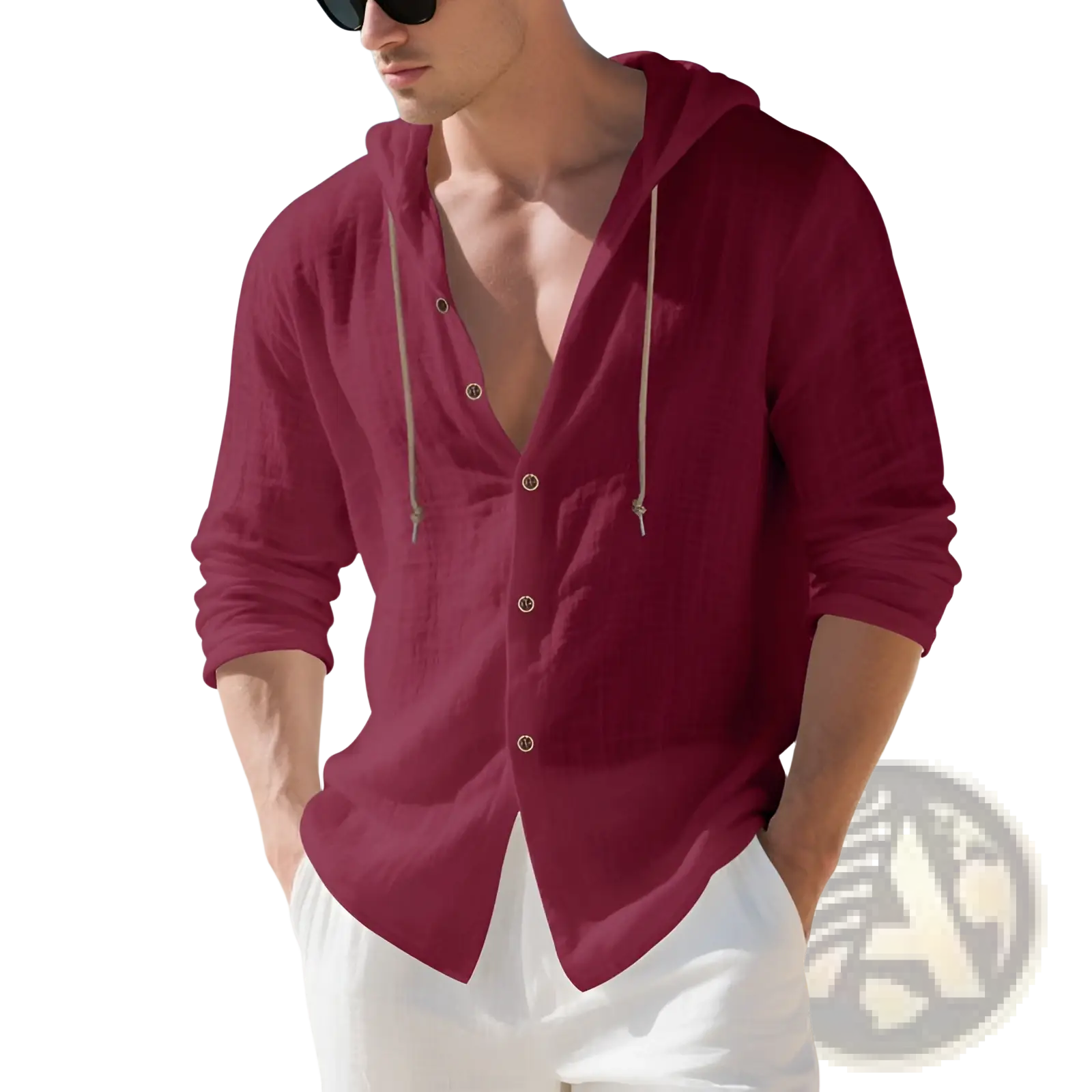 Men linen hooded cardigan shirt in maroon with button-up front, light drawstrings, and rolled sleeves