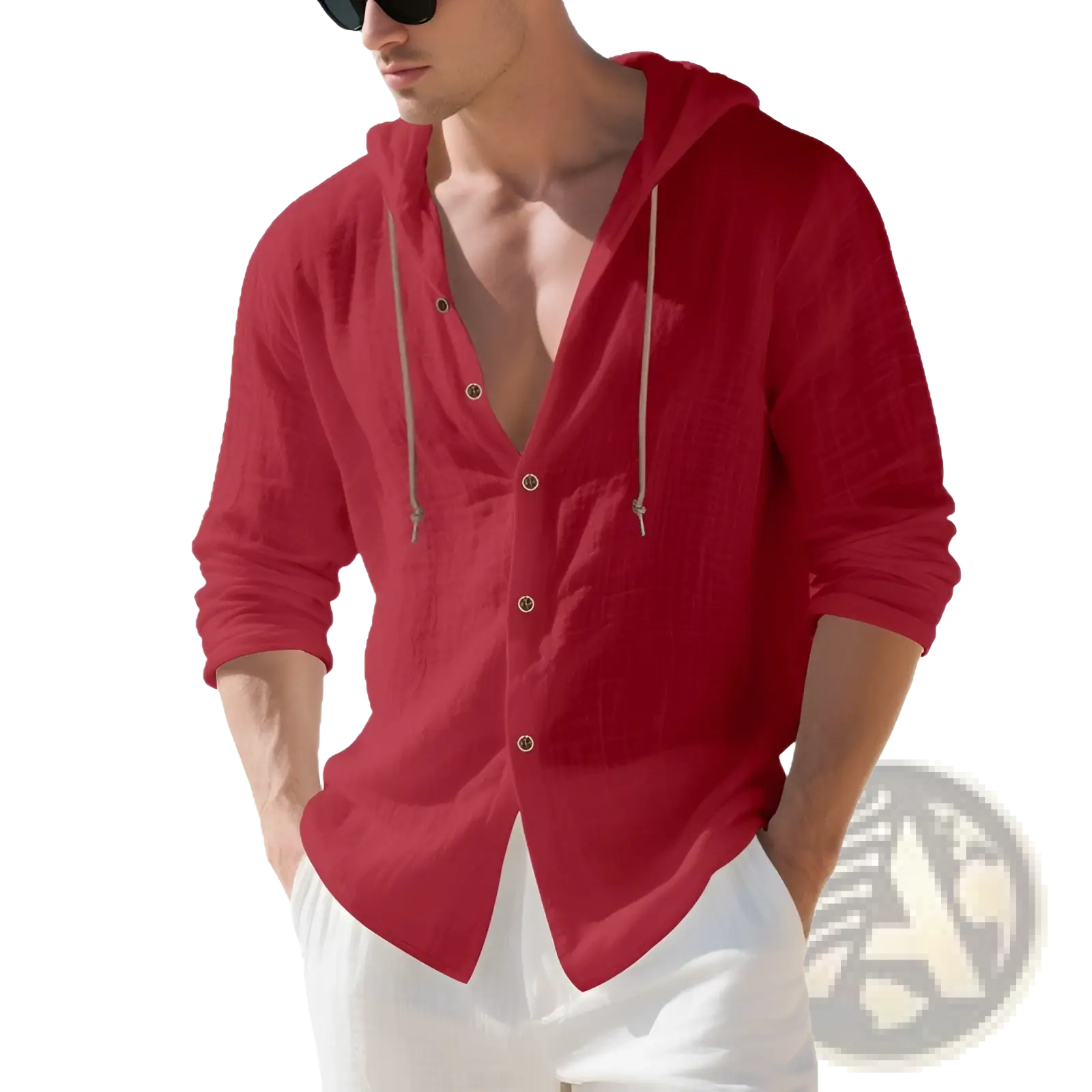 Men linen hooded cardigan shirt in red with beige drawstrings made of relaxed lightweight fabric