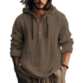 A relaxed-fit olive green linen hoodie with buttoned placket and black drawstrings for men modname=ckeditor
