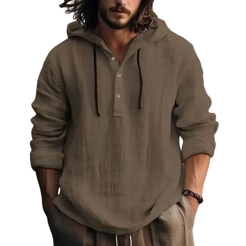 A relaxed-fit olive green linen hoodie with buttoned placket and black drawstrings for men modname=ckeditor