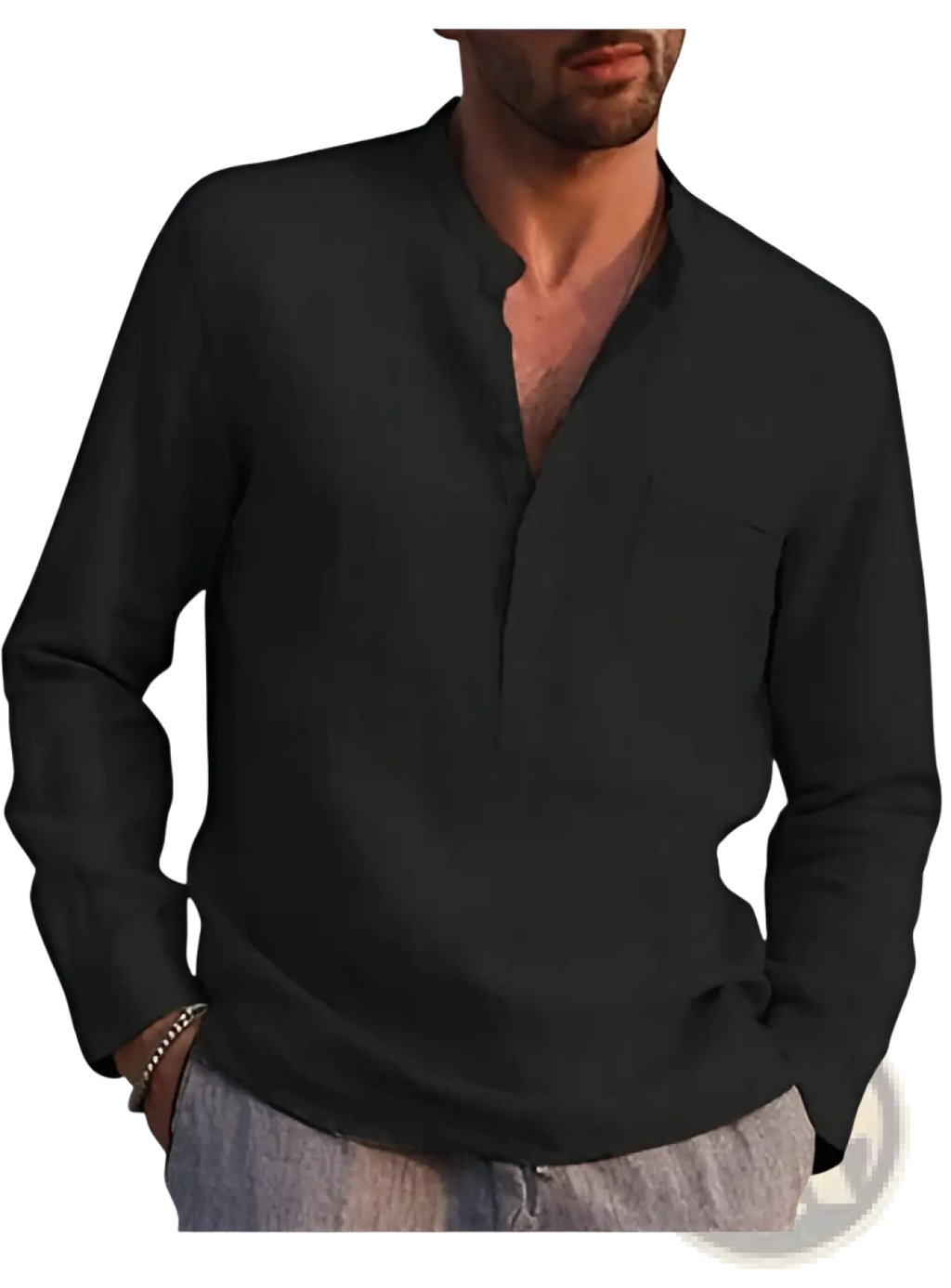 Men linen long sleeve casual beach shirt in black with mandarin collar and front button placket