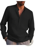 Men linen long sleeve casual beach shirt in black with mandarin collar and front button placket