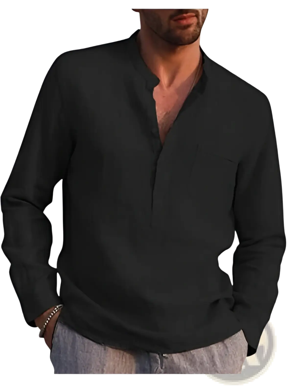 Men linen long sleeve casual beach shirt in black with mandarin collar and front button placket