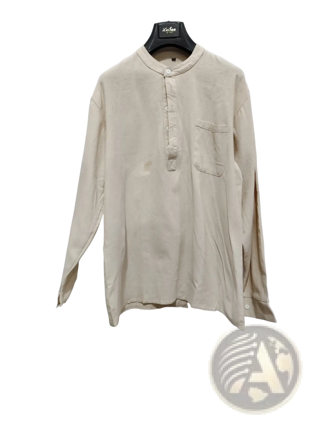 Beige men linen long sleeve casual beach shirt with mandarin collar and chest pocket hanging on black hanger