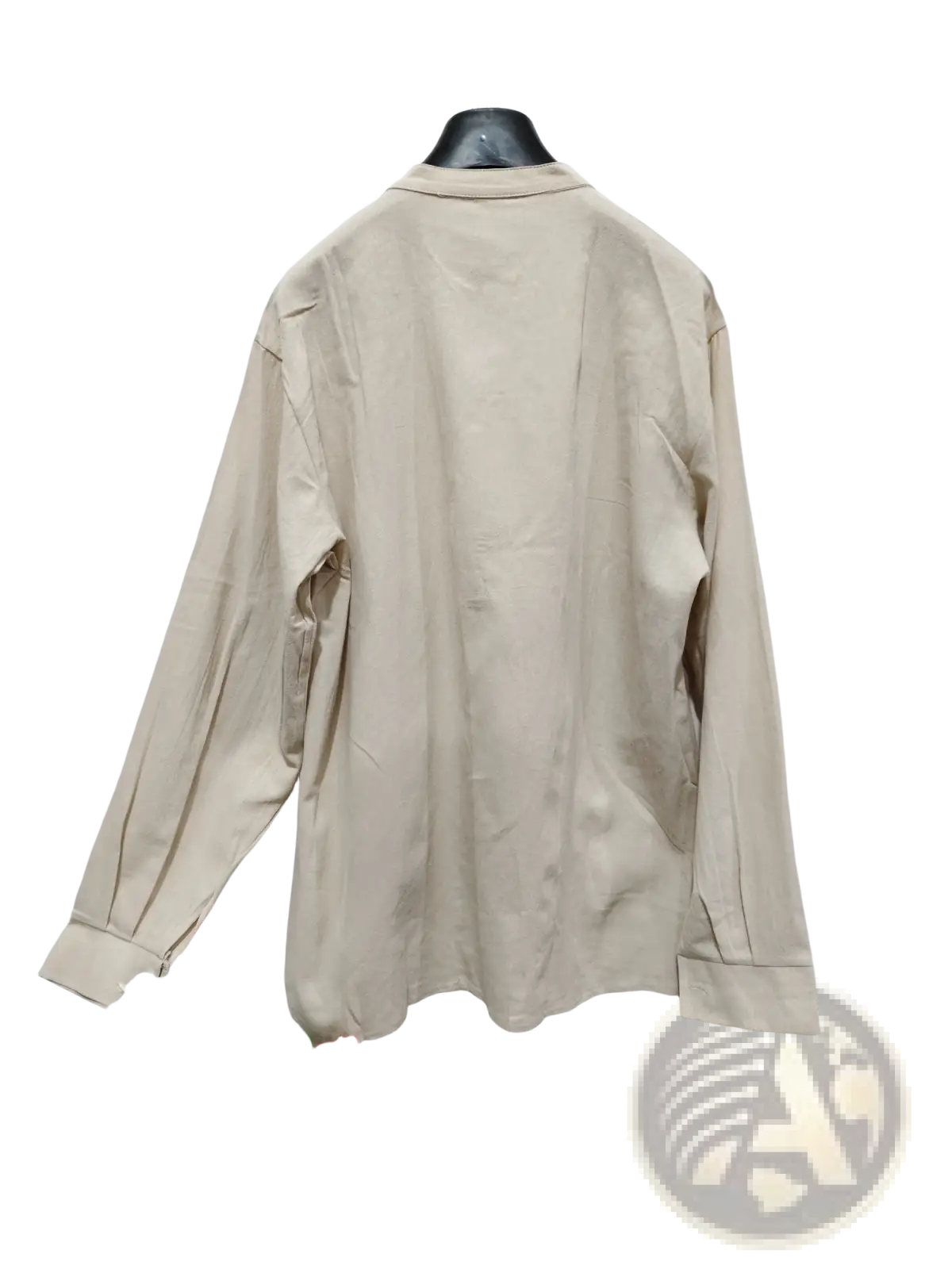 Beige men linen long sleeve casual beach shirt with classic collar and rolled cuffs hanging on black hanger
