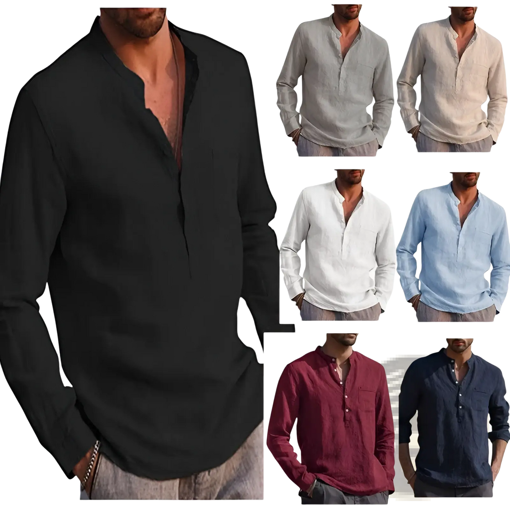 Black men linen long sleeve casual beach shirt with mandarin collar and button-front design