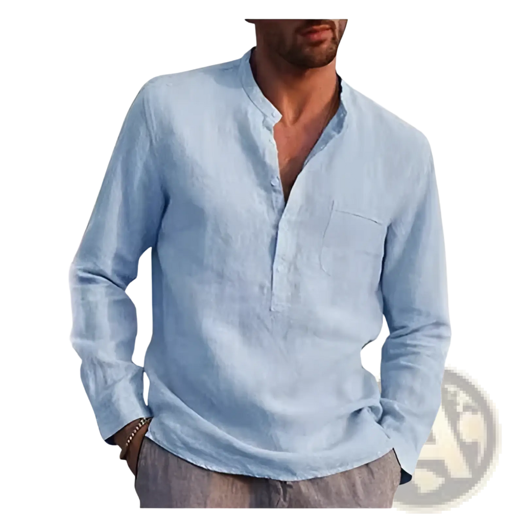 Men linen long sleeve casual beach shirt in light blue with mandarin collar and button-down front
