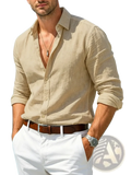 Beige linen long sleeve casual summer shirt with button down front and subtle texture with rolled sleeves