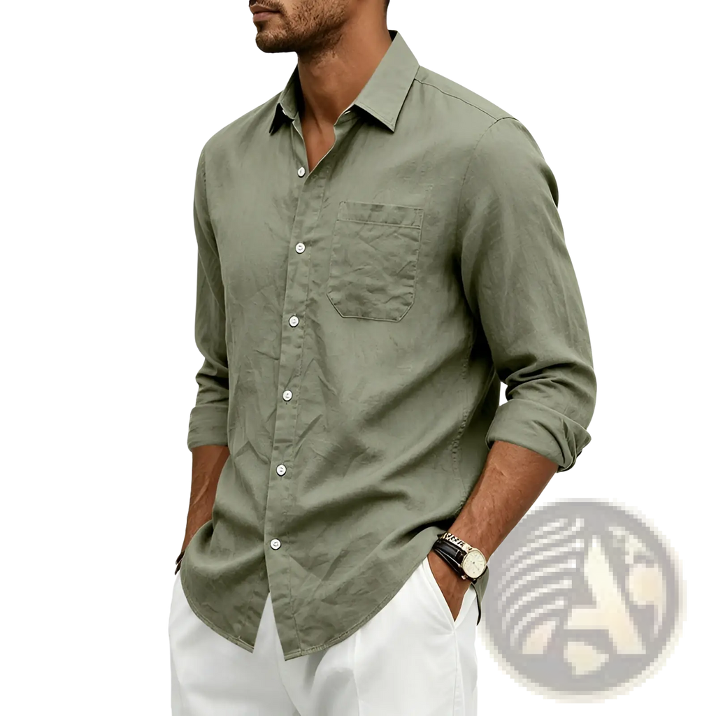 Men linen long sleeve shirt in olive green with chest pocket and rolled cuffs featuring a loose fit design
