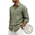 Men linen long sleeve shirt in olive green with chest pocket and rolled cuffs featuring a loose fit design