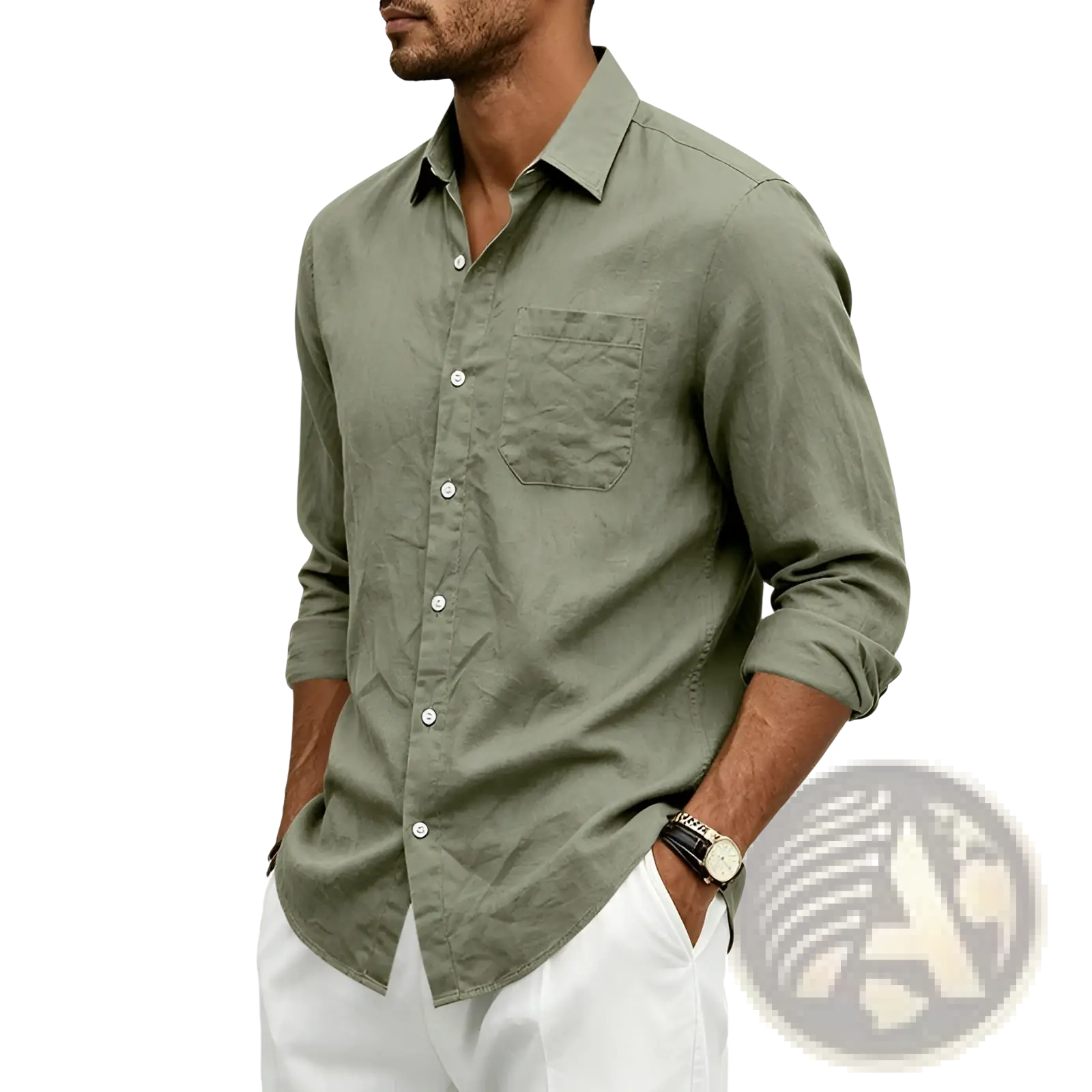 Men linen long sleeve shirt in olive green with chest pocket and rolled cuffs featuring a loose fit design