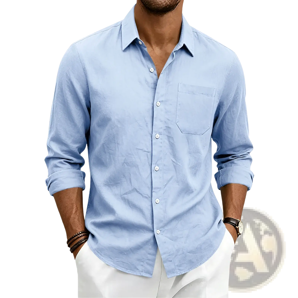 Light blue men linen long sleeve shirt with subtle textured fabric loose fit and rolled cuffs