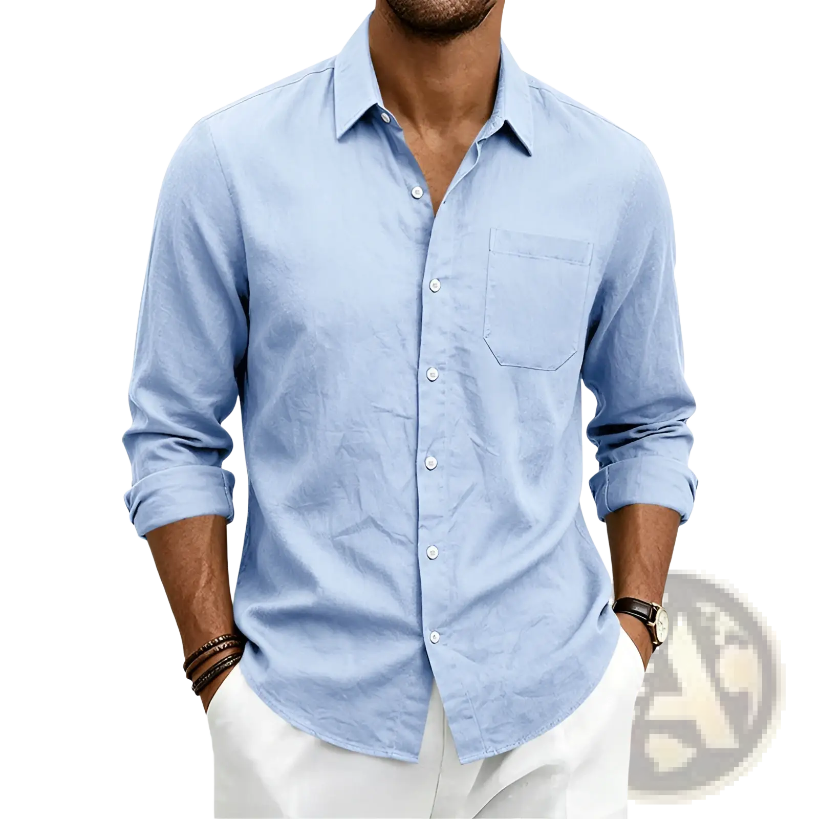 Light blue men linen long sleeve shirt with subtle textured fabric loose fit and rolled cuffs