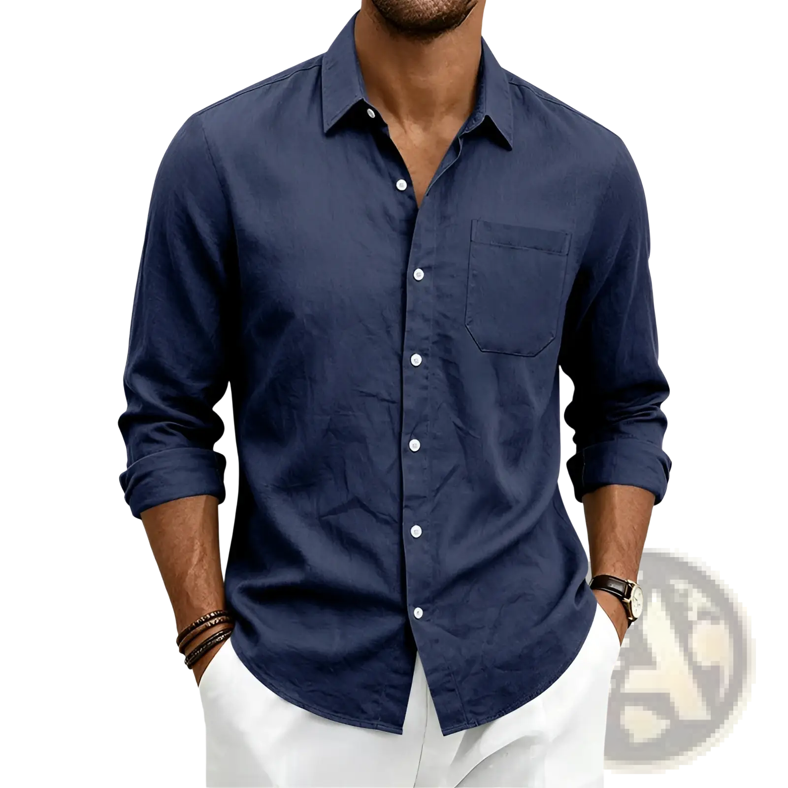 Navy blue men linen long sleeve shirt with loose fit chest pocket and rolled cuffs for casual wear