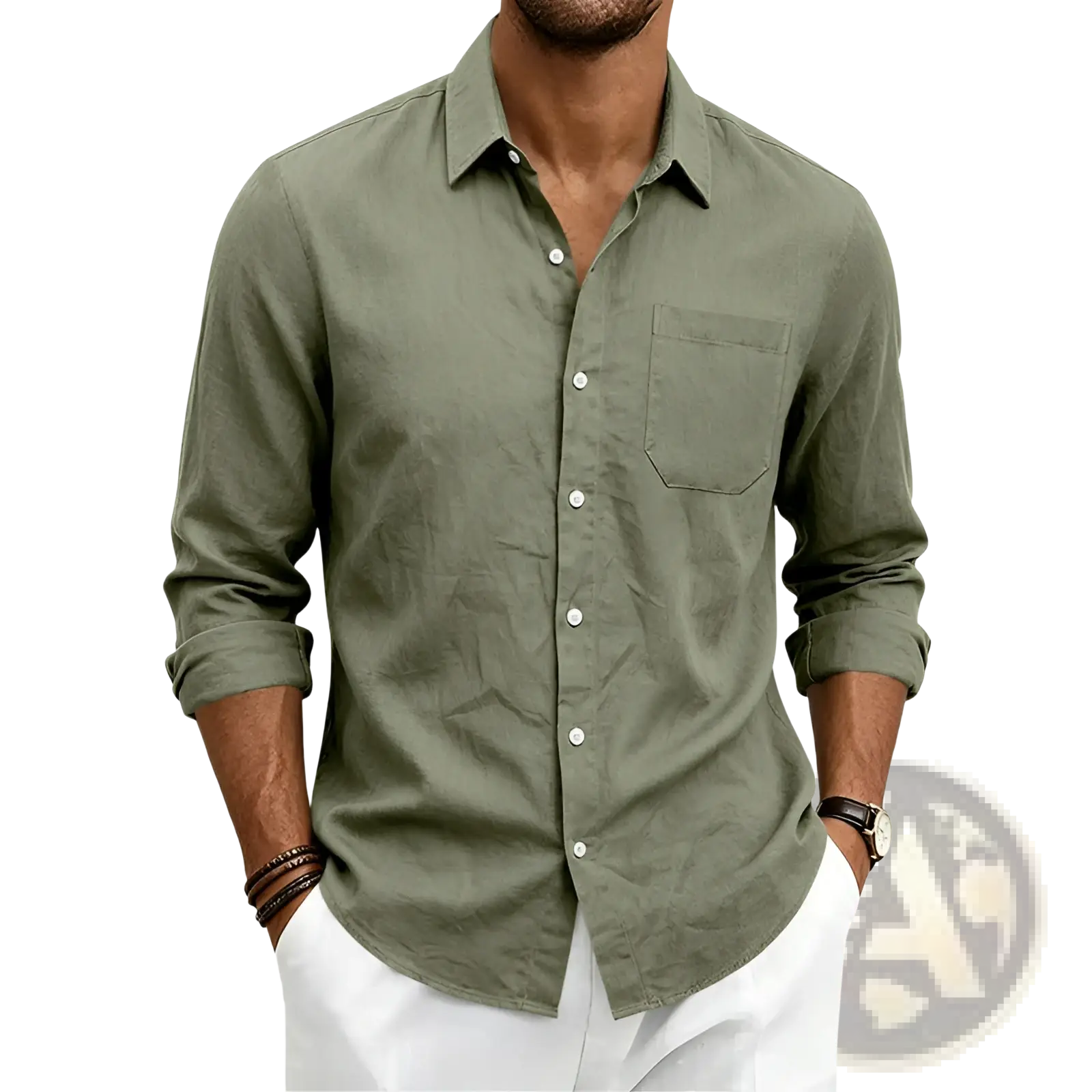 Men linen long sleeve shirt loose fit olive green with subtle textured fabric and a single chest pocket