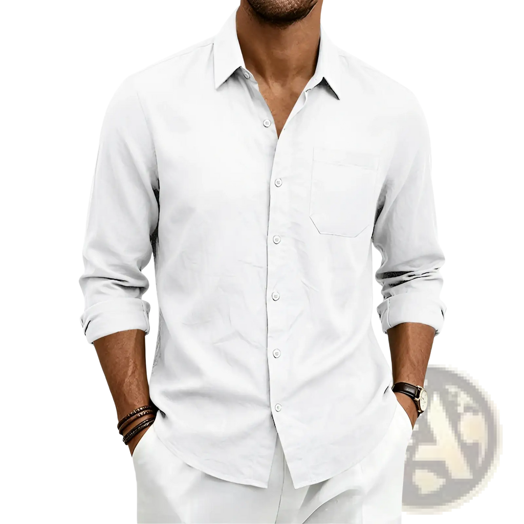 White men linen long sleeve shirt loose fit with chest pocket and rolled-up cuffs for casual wear