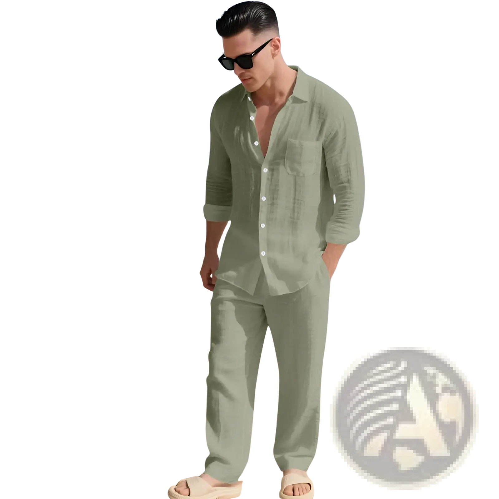 A man wearing a light green linen long sleeve shirt and pants set standing on a sandy beach