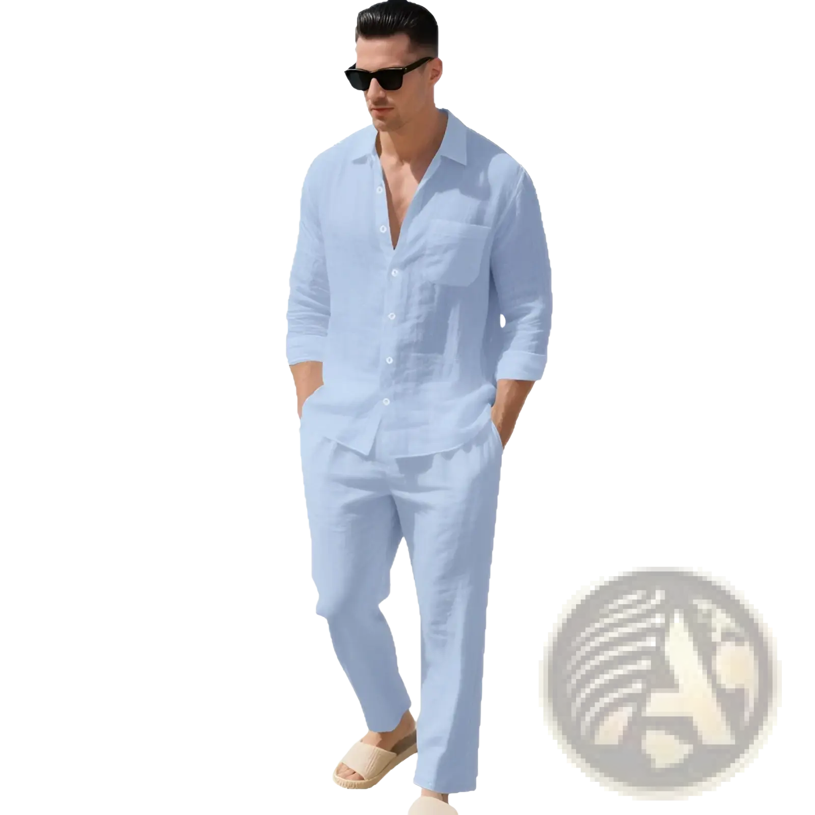 Men linen long sleeve shirt pants set in light blue linen featuring a button-up shirt and matching trousers
