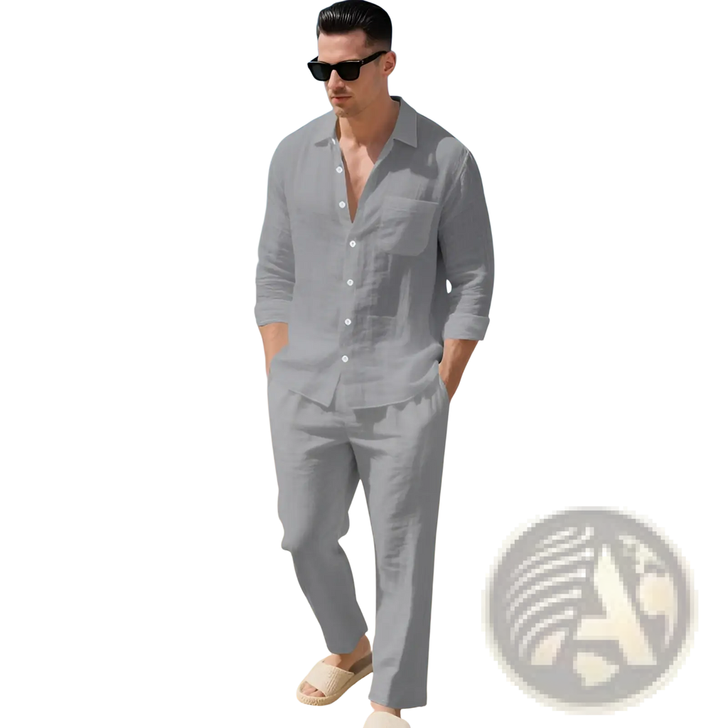 Men linen long sleeve shirt pants set featuring a light gray linen button-down shirt with chest pocket and rolled sleeves